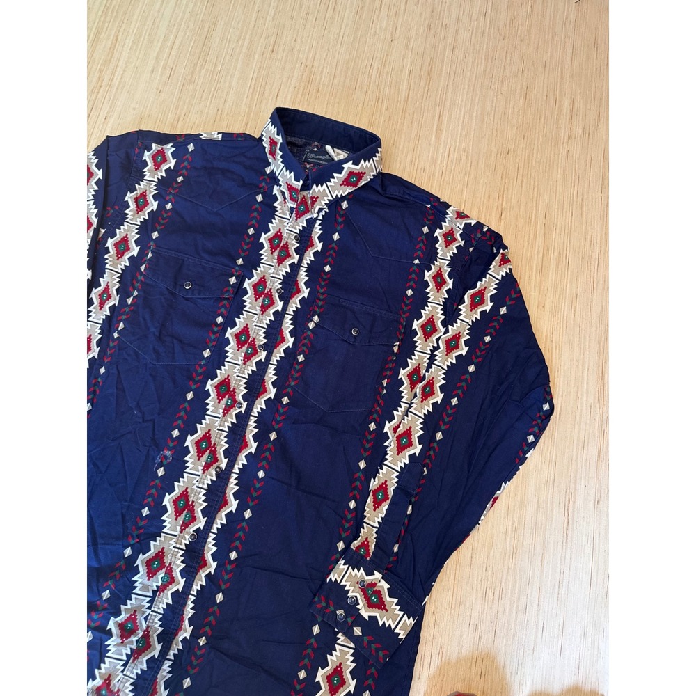 Wrangler Western Shirt Mens XL Navy Blue Aztec Geometric Pearl Snap Y424-012B 38